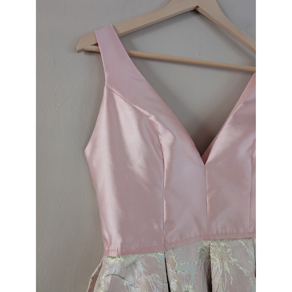 Blush Pink Gold Floral Jacquard High-Low Formal Gown Dress Womens M Wedding - Picture 10 of 16